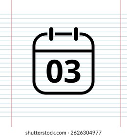 Simple flat calendar icon isolated on a background that simulates a notebook sheet, calendar icon with a specific day, day 03.