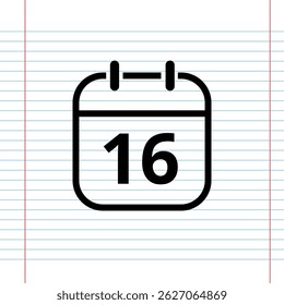 Simple flat calendar icon isolated on a background that simulates a notebook sheet, calendar icon with a specific day, day 16.