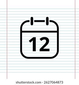 Simple flat calendar icon isolated on a background that simulates a notebook sheet, calendar icon with a specific day, day 12.