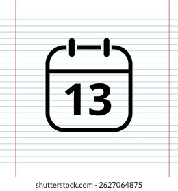 Simple flat calendar icon isolated on a background that simulates a notebook sheet, calendar icon with a specific day, day 13.