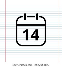 Simple flat calendar icon isolated on a background that simulates a notebook sheet, calendar icon with a specific day, day 14.