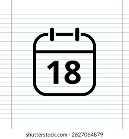 Simple flat calendar icon isolated on a background that simulates a notebook sheet, calendar icon with a specific day, day 18.