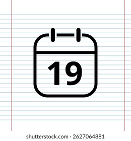 Simple flat calendar icon isolated on a background that simulates a notebook sheet, calendar icon with a specific day, day 19.