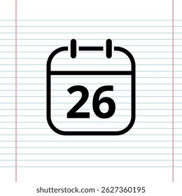 Simple flat calendar icon isolated on a background that simulates a notebook sheet, calendar icon with a specific day, day 26.