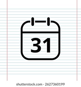 Simple flat calendar icon isolated on a background that simulates a notebook sheet, calendar icon with a specific day, day 31.