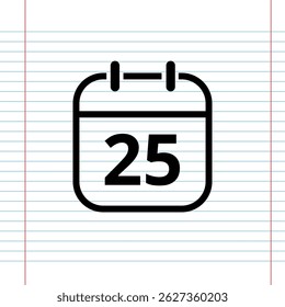Simple flat calendar icon isolated on a background that simulates a notebook sheet, calendar icon with a specific day, day 25.