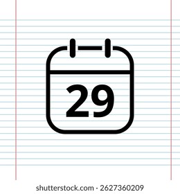 Simple flat calendar icon isolated on a background that simulates a notebook sheet, calendar icon with a specific day, day 29.