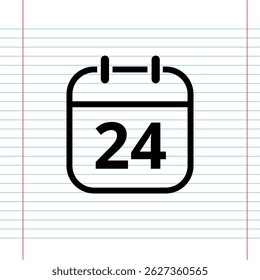 Simple flat calendar icon isolated on a background that simulates a notebook sheet, calendar icon with a specific day, day 24.