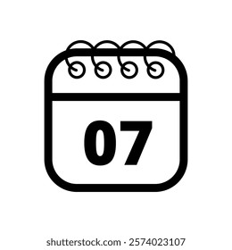 Simple flat calendar icon with specific day marked out isolated on transparent background, day 07.