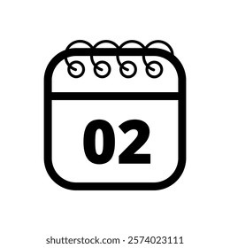 Simple flat calendar icon with specific day marked out isolated on transparent background, day 02.