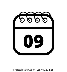 Simple flat calendar icon with specific day marked out isolated on transparent background, day 09.