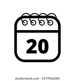 Simple flat calendar icon with specific day marked out isolated on transparent background, day 20.