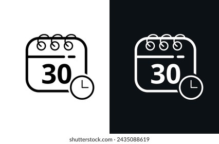 Einfache flache Kalendersymbole mit einem bestimmten Tag markiert, hohle Kalendersymbol auf schwarzem Hintergrund und weißem Hintergrund, Tag 30.