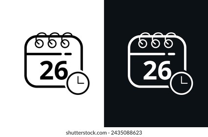Simple flat calendar icons with specific day marked, hollow calendar icon on black background and white background, day 26.