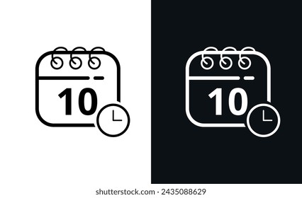 Simple flat calendar icons with specific day marked, hollow calendar icon on black background and white background, day 10.