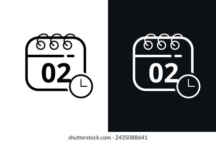 Simple flat calendar icons with specific day marked, hollow calendar icon on black background and white background, day 02.