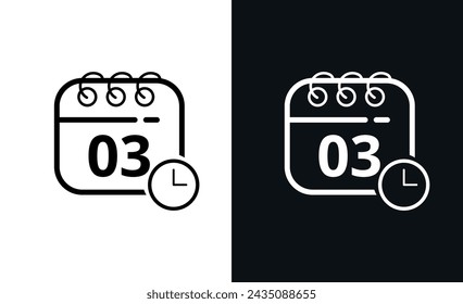 Iconos de calendario plano simple con el día específico marcado, icono de calendario hueco sobre fondo negro y fondo blanco, día 03.