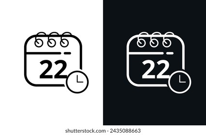 Simple flat calendar icons with specific day marked, hollow calendar icon on black background and white background, day 22.