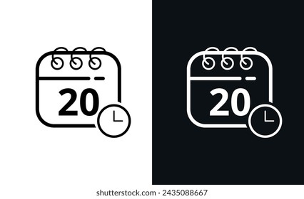 Iconos de calendario plano simple con el día específico marcado, icono de calendario hueco sobre fondo negro y fondo blanco, día 20.
