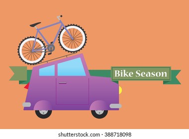Simple flat car with bicycle on the roof vector