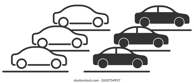Iconos planos simples del aparcamiento en blanco y negro, mostrando varias siluetas del coche en espacios de aparcamiento. Iconos de aparcamiento.  Icono de silueta de estacionamiento. 