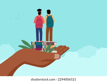 Simple flat cartoon illustration of a black hand holding two afro children standing on books with school backpack. Provide education, parent responsibility concept