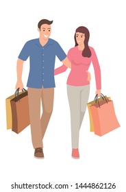 Simple flat cartoon illustration of couple carrying shopping bags. Shopaholics, boyfriend and girlfriend, vector illustration.