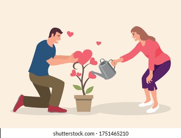 Simple flat cartoon illustration of couple watering love plant