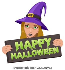 Simple flat cartoon illustration of cute witch holding Happy Halloween board, Halloween, vector illustration