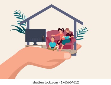 Simple flat cartoon illustration of father hand holding his happy family in a house, providing secure concept
