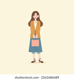 Simple Flat Cartoon Illustration of a Happy Girl Holding a Shopping Bag with a Minimalist Background