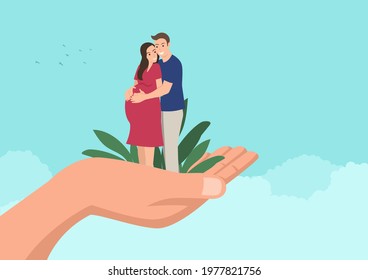 Simple flat cartoon illustration of a husband embracing his pregnant wife on giant hand. Security, family concept