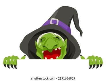 Simple flat cartoon illustration of an old witch peeking from behind the wall, Halloween, vector illustration