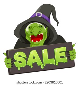 Simple flat cartoon illustration of an old witch holding Sale promotion board, Halloween, vector illustration