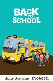 Simple flat cartoon illustration of school children getting on school bus