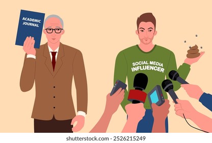 Simple flat cartoon illustration shows that nowadays people trust social media influencers more than experts