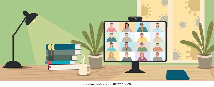 Simple flat cartoon illustration. Stay at work from home during pandemic, video conference vector illustration. Computer screen, group of people talking via internet