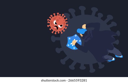 Simple, flat cartoon illustration: strong immune system preventing the body from illness.