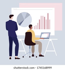Simple flat cartoon illustration. Young man in suit watching data presentation in office.