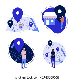 Simple Flat Cartoon Illustrations Set. Showing Map, Store Locator And Young Man Looking On Mobile Phone To Find Location.