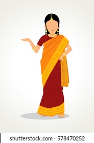 Simple flat cartoon of Indian lady in traditional clothes