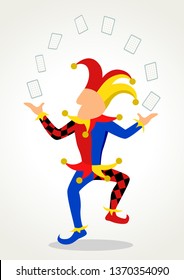 Simple flat cartoon of a joker juggling cards