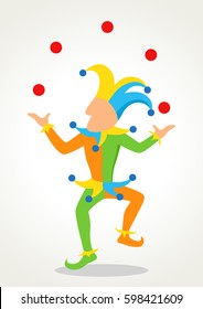 Simple flat cartoon of a joker juggling red balls