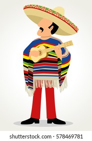 Simple flat cartoon of a mexican man playing guitar wearing poncho