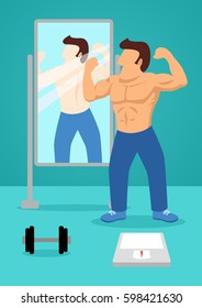 Simple flat cartoon of a muscular man admiring himself in standing mirror as he checks of his body after exercise