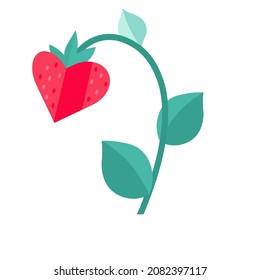 A simple flat cartoon style illustration of a red strawberry in heart shape with green leaves. A symbol of love and romance. Romantic icon of happy valentine day.