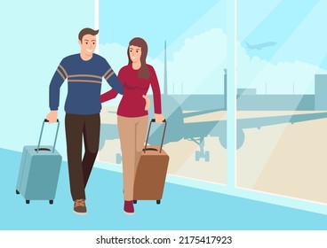 Simple flat cartoon of young couple walking with luggage at the airport, travel, vacation, vector illustration