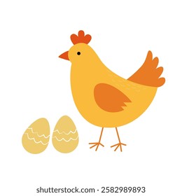Simple flat chicken vector, eggs, on white background.