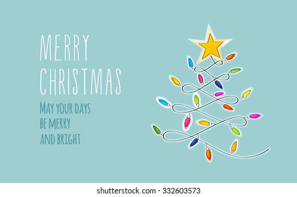 Simple flat Christmas card with an abstract Christmas Tree made of light bulb wire in vector