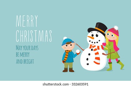 Simple flat Christmas card with a cute snowman with scarf and two little kids in vector